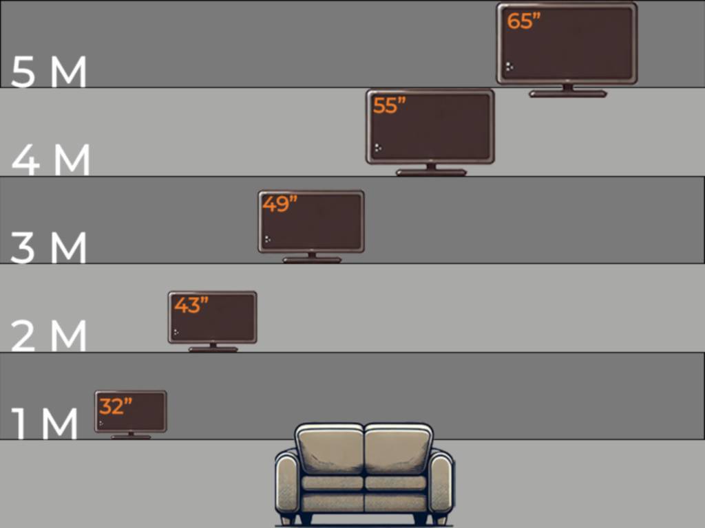 Las diferentes distancias de visión por pulgadas de un televisor ilustrado