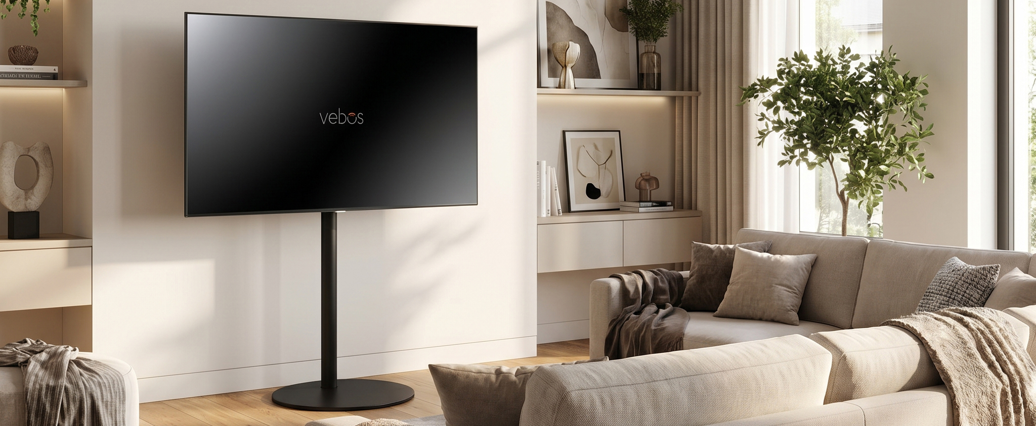 Un soporte pie TV plateado con un televisor montado sobre un suelo de madera frente a una pared blanca.