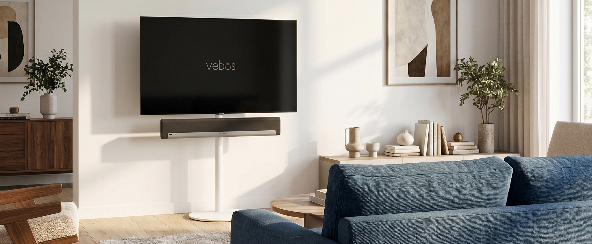Un televisor montado en un soporte para TV para una pared neutra.